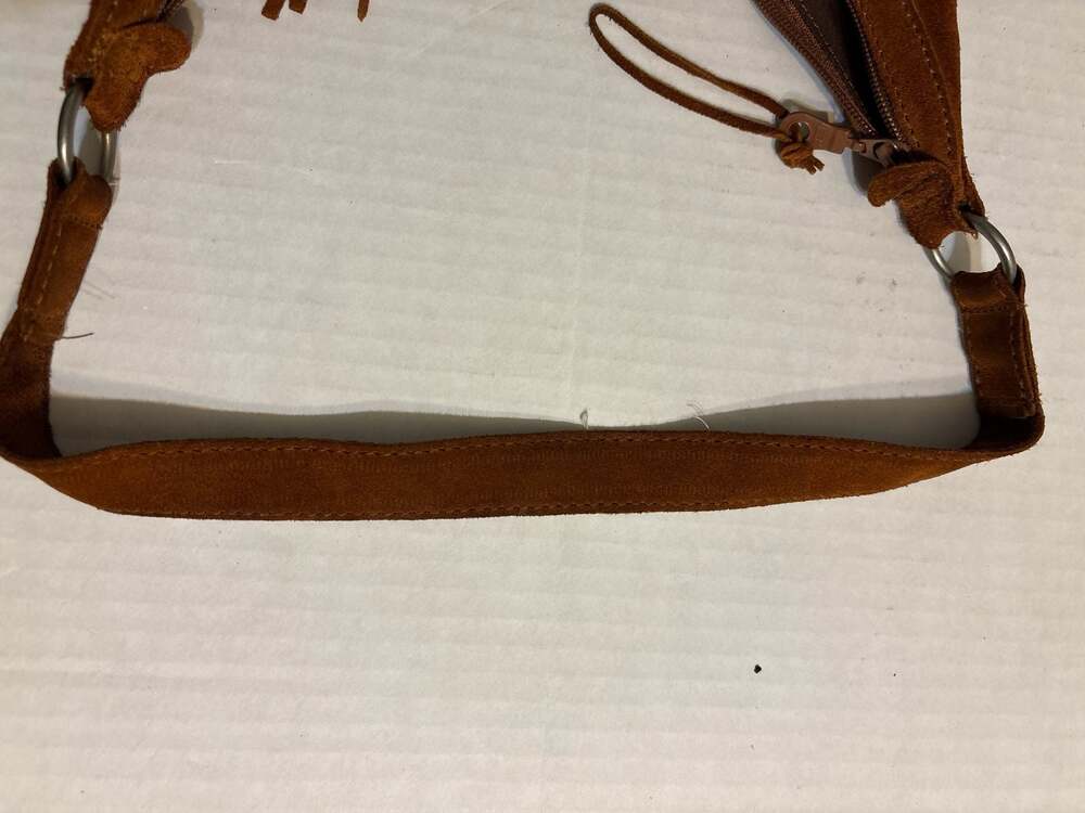 Minnetonka Brown Suede Fringe Boho Shoulder Bag with Woven Panel - Picture 4 of 4